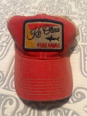 Legacy 92 Ko Olina Oahu Hawaii Distressed Trucker Hat Coral Red Tan Mesh Snapbac